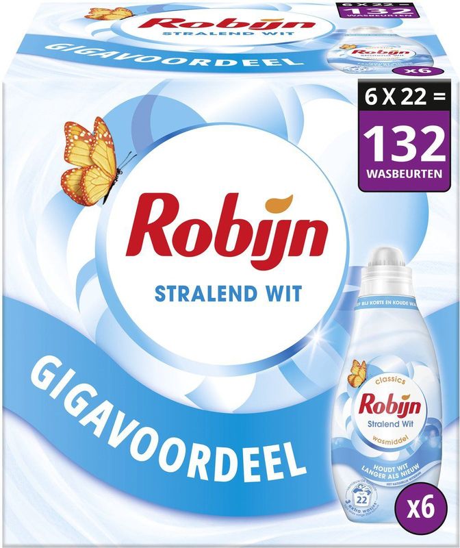 Robijn - Klein & Krachtig Classics - Vloeibaar Wasmiddel - Stralend Wit - 6 x 22 wasbeurten