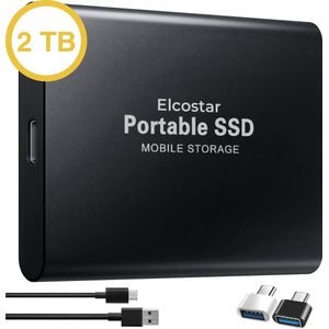 Elcostar Externe Harde Schijf - 2 TB opslag SSD - externe Harde Schijven - Inclusief Adapter & Kabel - USB 3.1 - Geschikt voor Windows, Mac & Smartphone