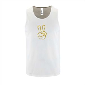 Witte Tanktop sportshirt met "" Peace / Vrede teken "" Print Goud Size S