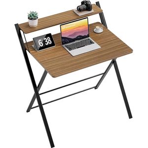 GreenForest Small Folding Computer Desk with Shelf, No Assembly Required, 75 x 52 cm Desk for Home Office, Small Work Table, Brown