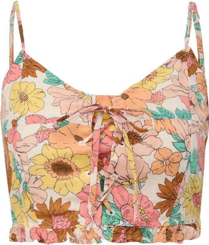 QS - Blouseshirt - Oker - Bloemenprint - Mouwloos - Normale Pasvorm