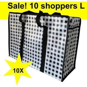 Big Shoppers met rits (10 stuks) - 60 x 45 cm - Geruit - Zwart -Set van 10