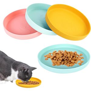 Voederbak voor katten, 3-delige set, kleurrijke kattenbakken, voederschaal, platte kattenbak, siliconen bak, brede drinkschaal, kattenkom voor droogvoer en nat voer, waterbak