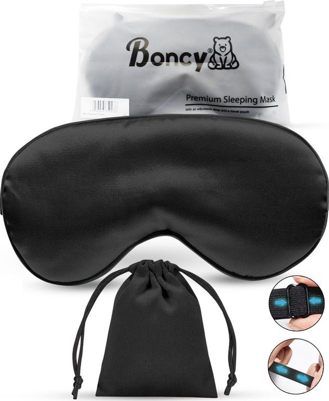 Boncy® Verstelbaar Zijde Slaapmasker met Opbergzakje - Zwart Oogmasker - Slaapmaskers Vrouwen en Mannen Zijde