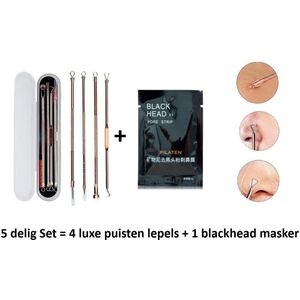 Vernieuwde versie – 5 delig set - Acne Set 4 delig + 1x blackhead gezichtsmasker - Mee-eters Verwijderen - Blackhead Remover - Puistjes Professionele Kit- 4 Luxe Puisten Lepels - Mee Eter Lepel -Gezichtsverzorging- RVS - Rose -Underdog Tech