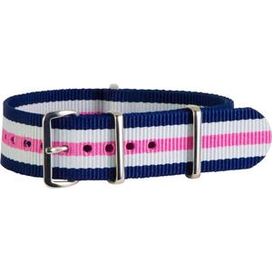 Premium Navy Blue White Pink - Nato strap 20mm - Stripe - Horlogeband Blauw Wit Roze