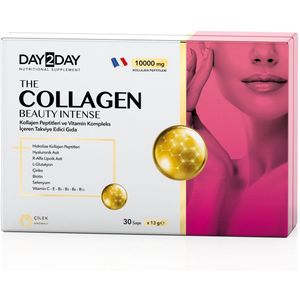 DAY2DAY - The Collagen Beauty Intense - Collageen - Hoogste dosis van 10000mg gehydrolyseerd collageen gecombineerd met vitamines, mineralen en de belangrijkste antioxidanten voor het lichaam - Suiker & Glutenvrij - Aardbeiensmaak