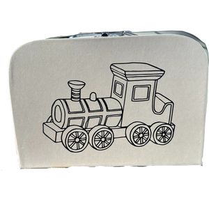 Kinderkoffer - Met opdruk - trein Kinder Koffertje beige 20 cm karton. Klassiek model kinderkoffertje. Kraamcadeau, logeerkoffer, kinderkoffertje, geboortecadeau