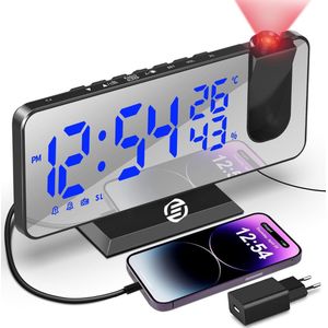 Equivera Wekkerradio - Wekkerradio - Klokradio - Digitale Wekker - Projectiewekker - Spiegeldisplay - USB-Oplaadpoort