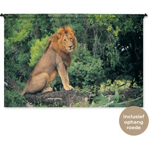 Wandkleed Leeuwen - Leeuw zit op een tak Wandkleed katoen 180x120 cm - Wandtapijt met foto XXL / Groot formaat!