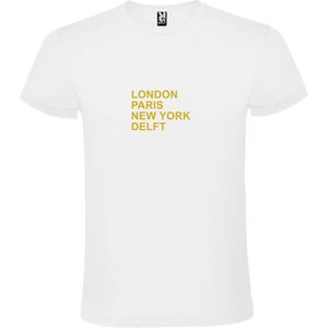 Wit T-Shirt met “ LONDON, PARIS, NEW YORK, DELFT “ Afbeelding Goud Size S