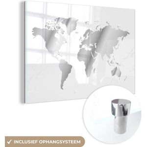 MuchoWow® Glasschilderij 90x60 cm - Schilderij acrylglas - Grijs getinte wereldkaart met marmeren achtergrond - zwart wit - Foto op glas - Schilderijen
