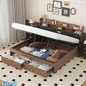Gutent Tweepersoonsbed - 180 x 200 cm - Hydraulisch bed - Metalen lattenbodem - Originele houtkleur + Zwart - Geen matras