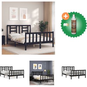 vidaXL Bedframe met hoofdbord massief hout zwart 140x190 cm - Bed - Inclusief Houtreiniger en verfrisser