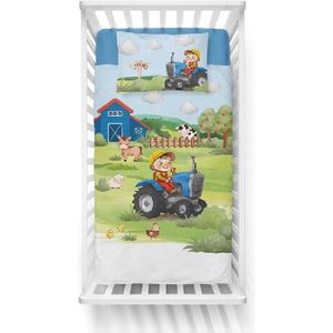 Mayamoo Ledikant Dekbedovertrek Boerderij Blauwe Trekker - 100x135 cm + Kussensloop 40x60 cm - Bamboe/Katoen - Dubbelzijdig - Met Ritssluiting