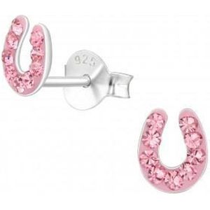 Oorbellen meisje | Zilveren kinderoorbellen | Zilveren oorstekers, roze hoefijzers