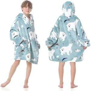Oversized hoodie-deken voor kinderen met mouwen, draagbare capuchontrui, super zacht, warm, comfortabel sweatshirt met zak, voor jongens en meisjes - Bear