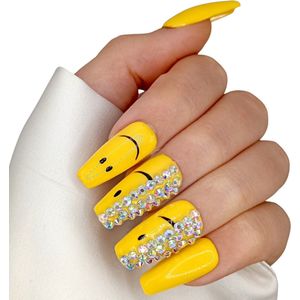 SD Press on Nails Luxury's - No. 165 Return of the Smiley - Lang Coffin - Bling - Plaknagels - Gelnagels - Handgemaakte Nagels - 20 stuks - Cosplay - Accessoires - (gel)Nagellak - Nepnagels - Nagelstudio - Nail Art - Nagels met lijm - Lange Nageltips