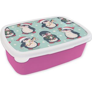 Broodtrommel Roze - Lunchbox - Brooddoos - Pinguïn - Lichtsnoer - Kerstkrans - Patronen - 18x12x6 cm - Kinderen - Meisje