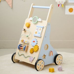 Houten Activiteiten Loopwagen - Kleurrijk - Inclusief Rammelaar en Tandwielen