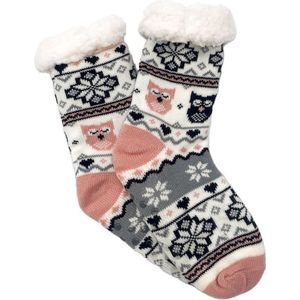 Merino Wollen sokken - Wit grijs met uiltjes - maat 39/42 - Huissokken - Antislip sokken - Warme sokken – Winter sokken