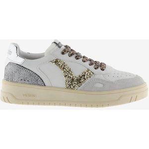 Smile Favorites® Dames Sneakers - Wit - Leer - Goud - Glitterdetails en Leopardprint