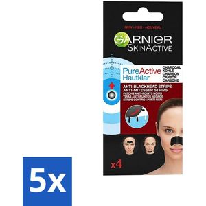 5 x Garnier - Pure Active - Anti-Mee-Eters Strips - Charcoal - Neus, Voorhoofd & Kin - 4 Strips - Mee-Eters - Ontstopping - Detox - Zuiverende Strips