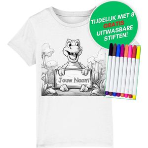 Inkleurbaar t-shirt kinderen – dino - kinderspeelgoed – 7 tot 8 jaar - eigen naam – gepersonaliseerd – kleuren – viltstiften voor kinderen – t-shirt