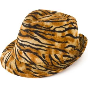 PartyXplosion Verkleed hoedje Party Kojak hoed met tijgerprint - bruin mix - volwassenen - Carnaval/pimp/festival/foute party