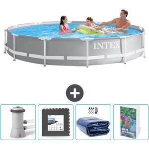 Intex Rond Prism Frame Zwembad - 366 x 76 cm - Grijs - Inclusief Zwembadfilterpomp - Vloertegels - Solarzeil - Zwembadgids