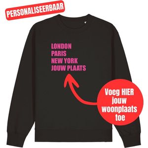 Sweater zwart M - London, Paris, New York, jouw woonplaats - Fluor roze