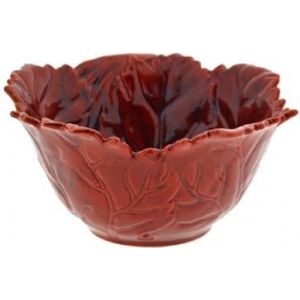 ZoeZo Design - Aardewerk - schaal - serveerschaal - salade schaal - in rood bladmotief - H 11 cm x Ø 23 cm - design schaal - groenteschaal