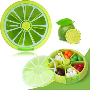 Medicijndoosje 7 dagen - Medicijndoos - Ronde Pillendoos – 7-Vaks Medicijndoos, ABS Kunststof 100% Nieuw Materiaal – Compact, Vochtbestendig & Draagbaar – Groen Fruit Design