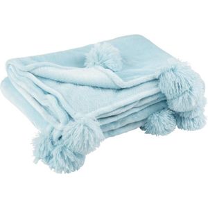 J-Line Plaid Pompom - fleece deken - polyester - hemelsblauw - 170 x 130 cm - woonaccessoires