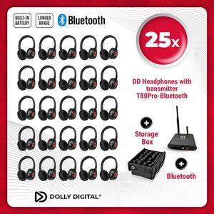 Silent Disco PRO BOX 25 oplaadbare headsets + Bluetooth zender T80Pro | Dolly Digital©