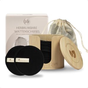 Skinnables Herbruikbare Wattenschijfjes van Bamboe – Set van 16 Luxe Pads met Waszak en Houder | Zacht, Duurzaam en Milieuvriendelijk