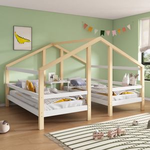 Huisbed voor 2 kinderen twee eenpersoonsbedden onder één dak in huisbeddesign met nachtkastje en lattenbodem jeugdbed 90*200 met valbeveiliging