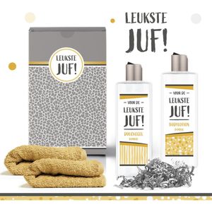 Geschenkset ""De leukste juf"" - 4 producten - 560 gram | Giftset voor haar - Juffendag - Cadeau Juffrouw - Lerares - Docent - Overblijfjuf - Einde schooljaar - Afscheid - Leerkracht - Stagiaire - Luxe Cadeaubox - Geschenk - Set - Pakket - Vrouw - Geel