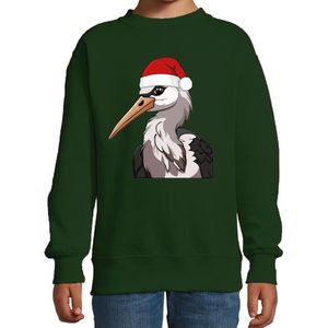 Bellatio Decorations Kersttrui / sweater familie Ooievaar - kinderen - dieren - groen - kerstmuts - Kerstmis 98/104