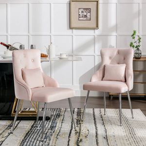 Set van 2 eetkamerstoelen met knopenpatroon - Gestoffeerde fauteuil - Stoelen met metalen poten - Moderne loungestoel - Slaapkamer woonkamerstoel met lendenkussen - Roze