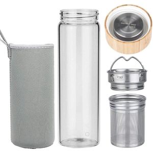 Drinkfles glas 1 liter met zeef to go waterfles fruithouder neopreen hoes BPA-vrij