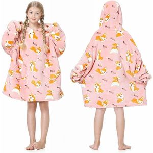 Oversized hoodie-deken voor kinderen met mouwen, draagbare capuchontrui, super zacht, warm, comfortabel sweatshirt met zak, voor jongens en meisjes - Corgi