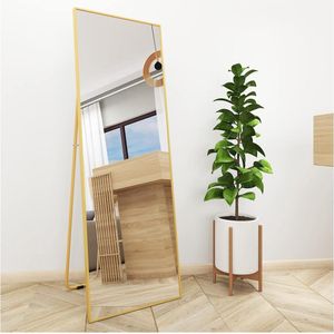 Spiegel voor het hele lichaam, 140 x 50 cm, met gouden metalen frame, staande spiegel, HD grote wandspiegel met haak voor woon-, slaap- en kleedkamerspiegel