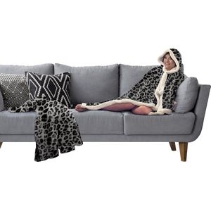 Linnick Flanel Fleece Deken + Hoodie met Capuchon Leopard - black/white - 140x200cm - 130x180cm - Plaid
