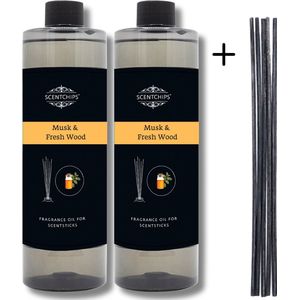 Navulling Musk Vers Hout - Geurstokjes Navulling Set van 2 + 5 Geurstokjes - Geurverspreider - Luchtverfrisser - Huisparfum - 400ml x 2