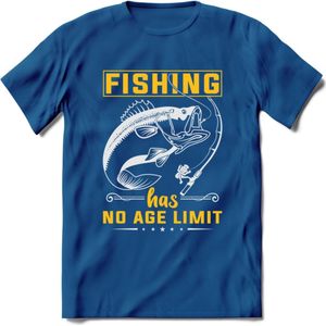 Fishing Has No Age Limit - Vissen T-Shirt | Geel | Grappig Verjaardag Vis Hobby Cadeau Shirt | Dames - Heren - Unisex | Tshirt Hengelsport Kleding Kado - Donker Blauw - 3XL