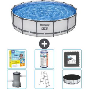 Bestway Rond Steel Pro MAX Zwembad - 457 x 107 cm - Grijs - Inclusief Pomp - Ladder - Afdekzeil Onderhoudspakket - Filter - Vloertegels