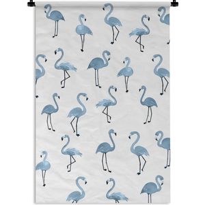 Wandkleed FlamingoKerst illustraties - Patroon van blauwe flamingo's tegen een witte achtergrond Wandkleed katoen 90x135 cm - Wandtapijt met foto