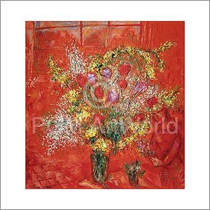 Kunstdruk Marc Chagall - Fleurs sur fond rouge 70x70cm