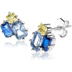 10mm ZINZI zilveren oorstekers rechthoekige vormen, bezet met licht groene en blauwe kleurstenen ZIO2496